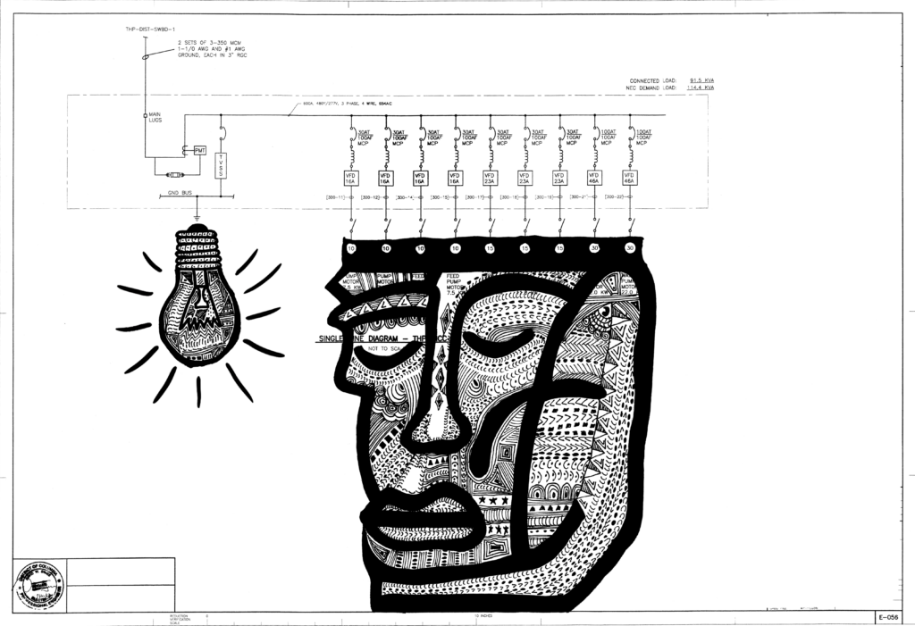 BrightIdeas (2014)- 11"x17" Black and White Ink Drawing Etched over top of an Architecture or Engineering Schematic-By Joseph Parelhoff