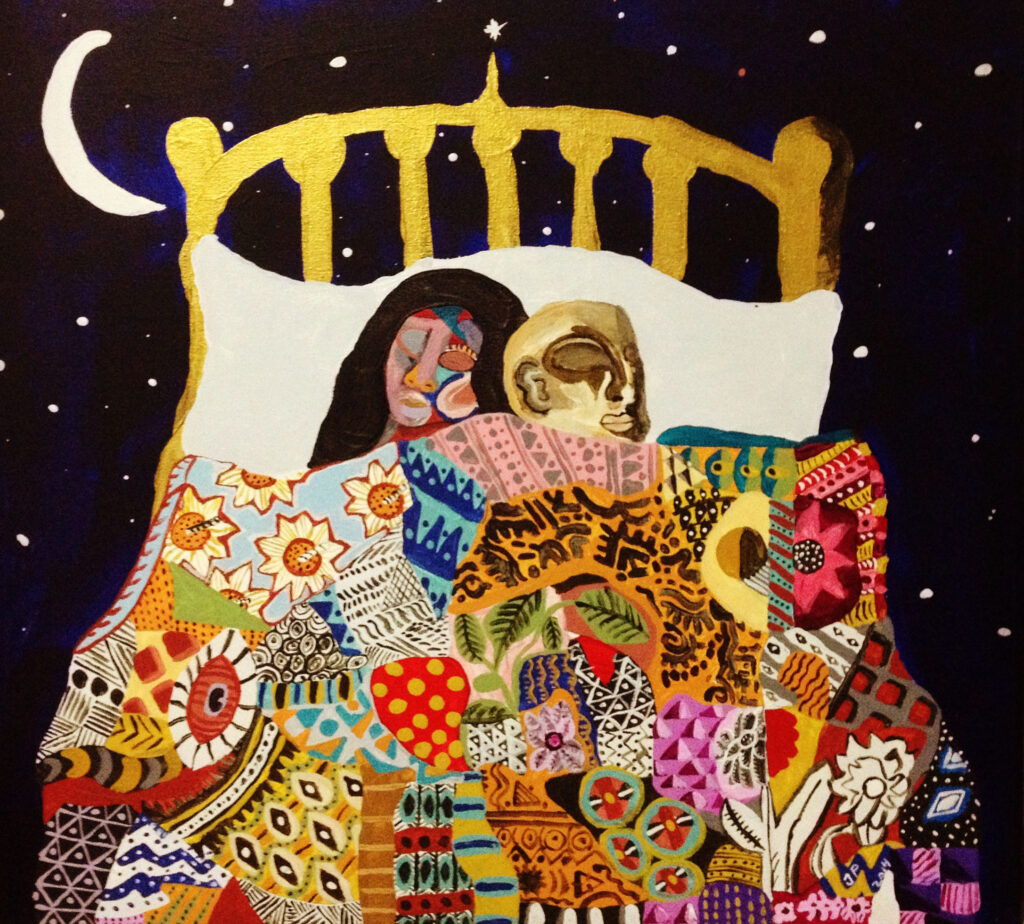 Man and Women Sleeping Under Quilt (2015)-36x36 Acrylic and Enamel on Canvas-By Joseph Parelhoff