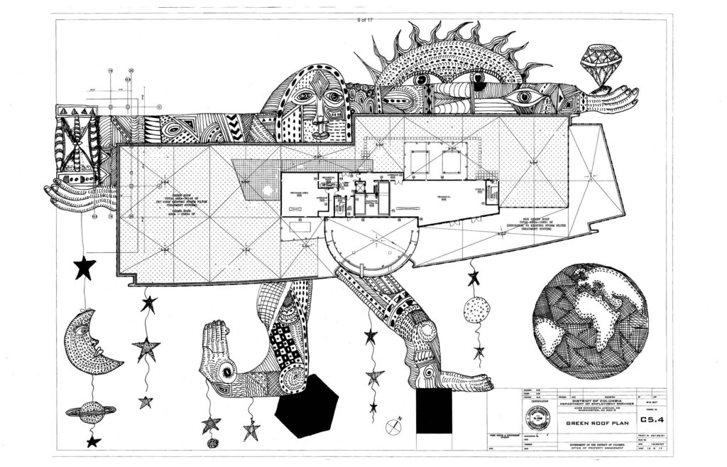 Man over Department of Employment Services Green Roof Plan (2014)- An 11"x17" Black and White Ink Drawing Etched over top of an Architecture or Engineering Schematic-By Joseph Parelhoff