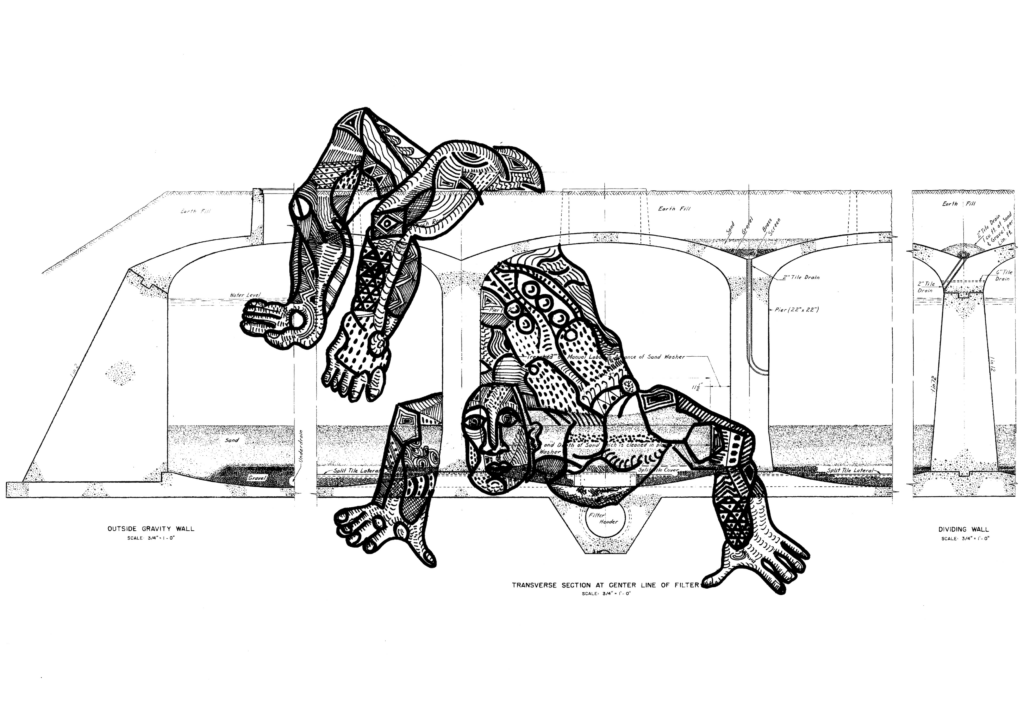 Man over McMillan Reservoir Existing Outside Gravity Wall (2014)- Black and White Ink Drawing Etched over top of an Architecture or Engineering Schematic-By Joseph Parelhoff