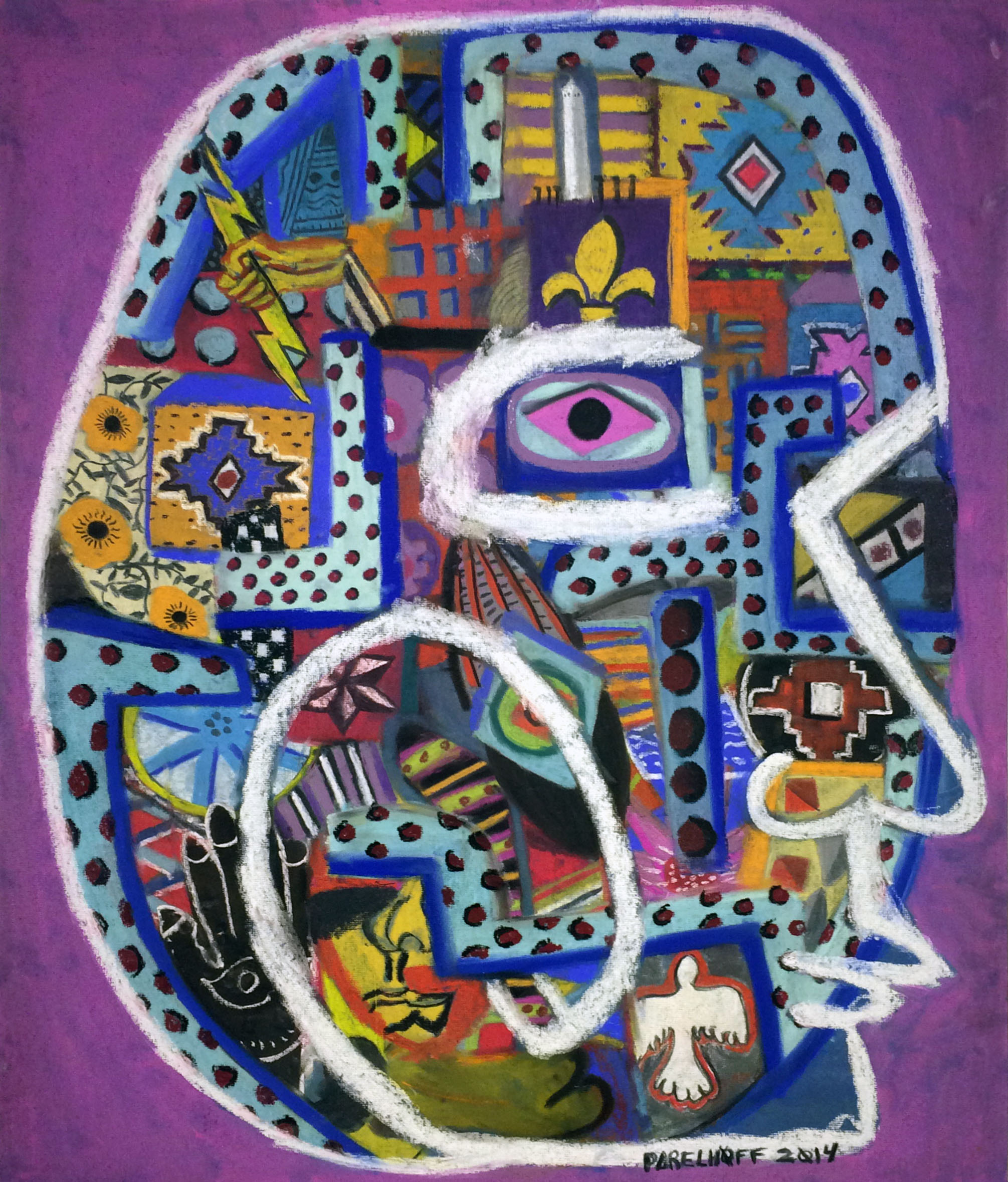 Mask-Collage #2 (2014)-38.5x48-Pastel on Musuem Board-By Joseph Parelhoff