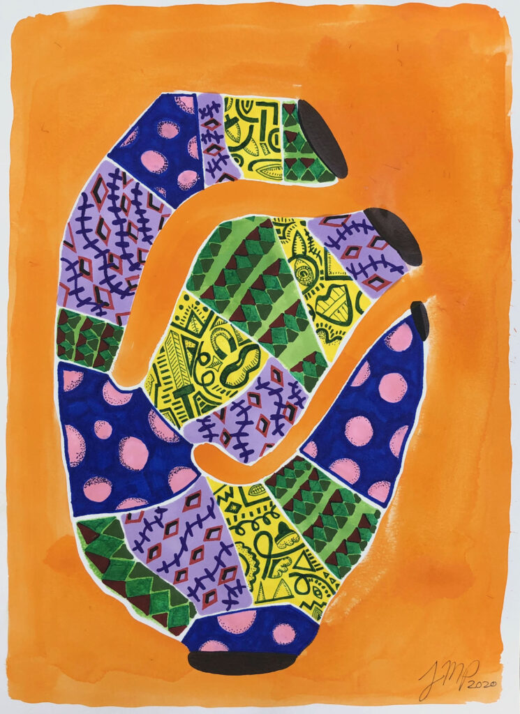 Pattern-Composition-over-Orange-11x15-Prismacolor Markers over Watercolor-By Joseph Parelhoff (2020)