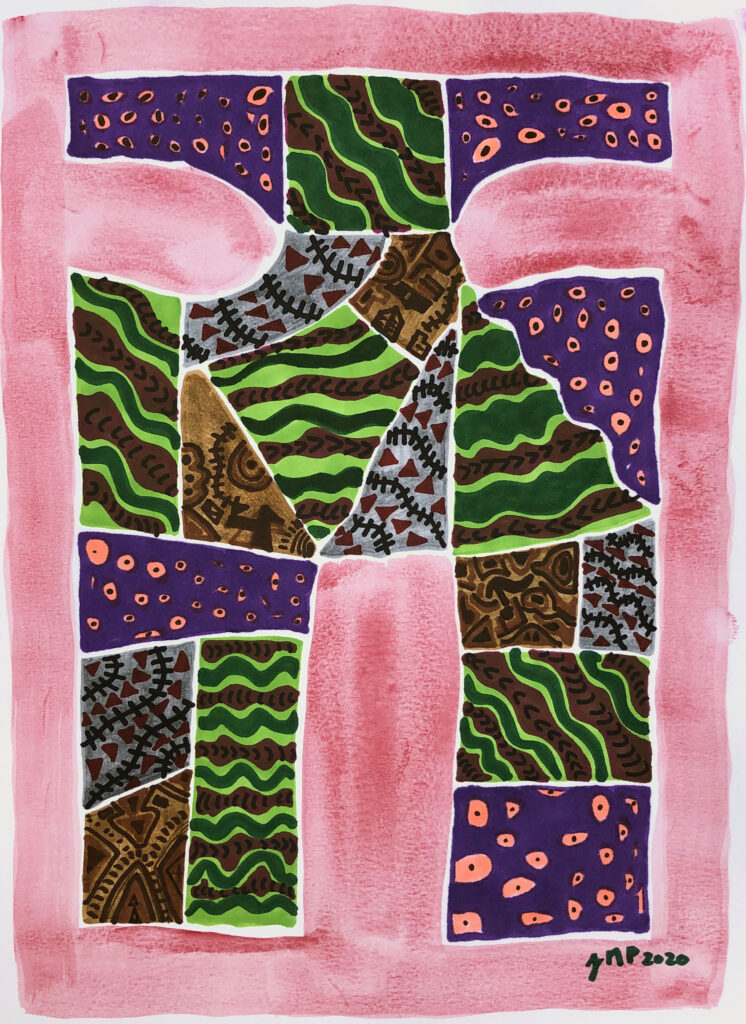 Pattern-Composition-over-Pink-11x15-Prismacolor Markers over Watercolor-By Joseph Parelhoff (2020)