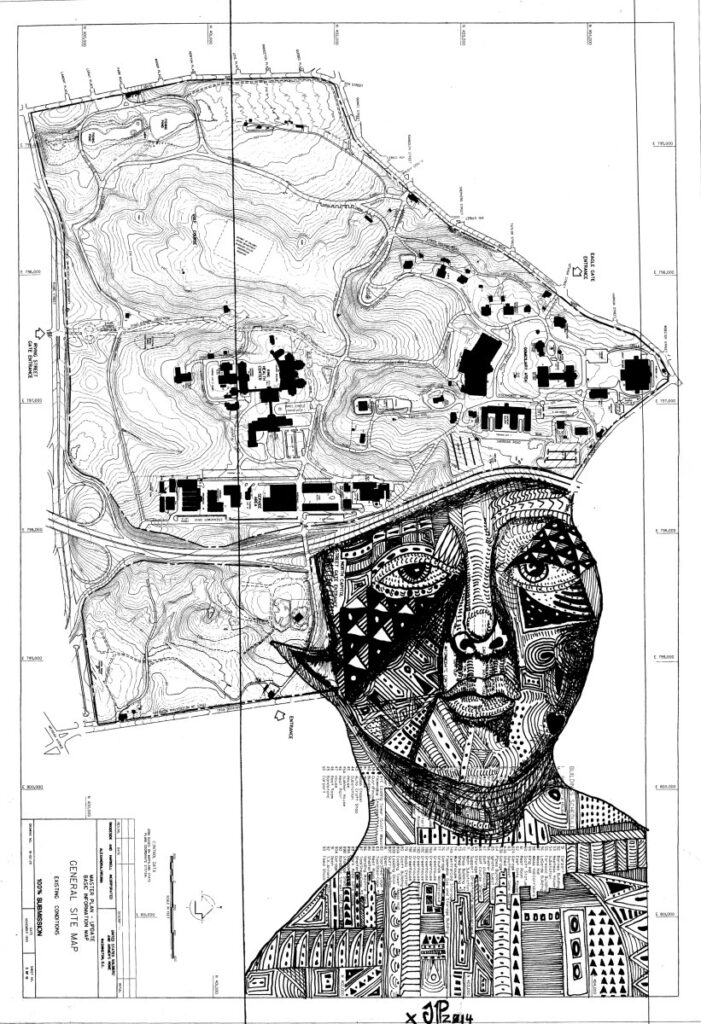 Woman over General Site Map (2014)- 11"x17" Black and White Ink Drawing Etched over top of an Architecture or Engineering Schematic-By Joseph Parelhoff